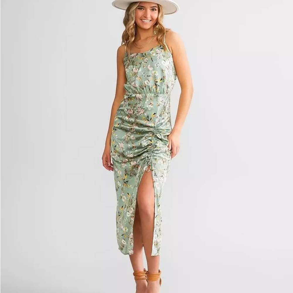 Sage green satin floral midi dress